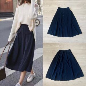NEW Navy Blue A-line Button Front Midi Skirt